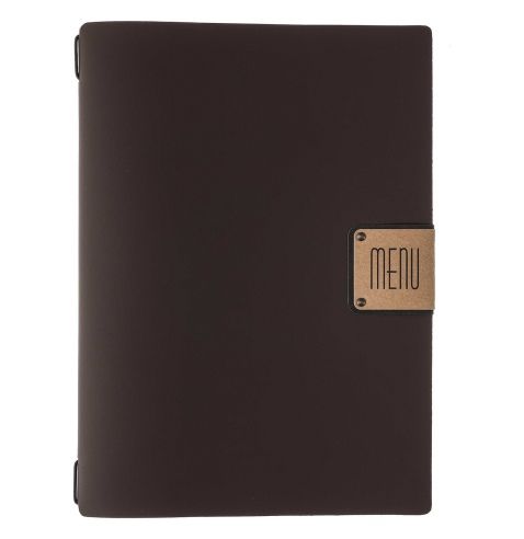 Menu marron foncé avec une étiquette dorée « MENU » sur le devant.