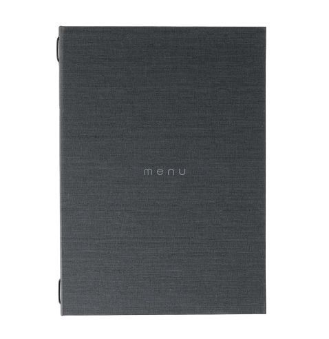 Couverture de menu gris foncé avec « meru » en petit texte clair.