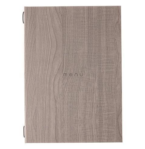 Couverture de menu à texture bois avec texte « menu » au centre.