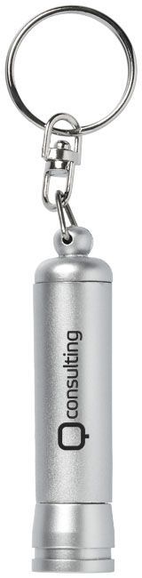 Porte-clés lampe de poche argenté avec le mot « consulting » et le logo.