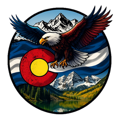 Eagle soaring over Colorado flag circle with mountains, forest, and lake in the background