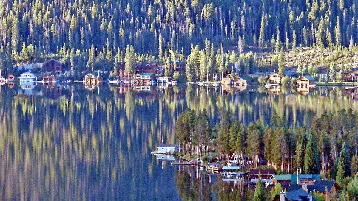 Lakeside homes nestled among pine trees, reflected in calm water under a forested hillside.