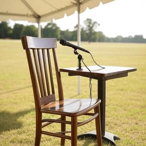 Empty wooden chair beside a mic on a small table under a canopy, outdoors on a grassy field.