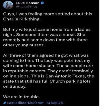 Screenshot of a tweet on a black background about Charlie Kirk, claiming a nurse treated three women after a shooting.