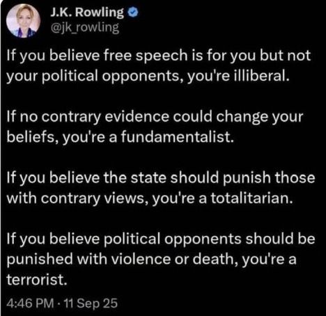 Screenshot of a J.K. Rowling tweet about free speech, intolerance, and violence against political opponents.