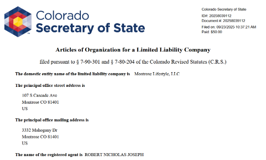 Colorado Secretary of State LLC filing document with official logo and text form details