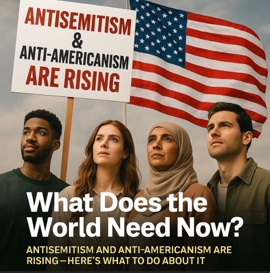 Poster with diverse people under U.S. flag reading “Antisemitism & anti-Americanism are rising” and “What does the world need now?”