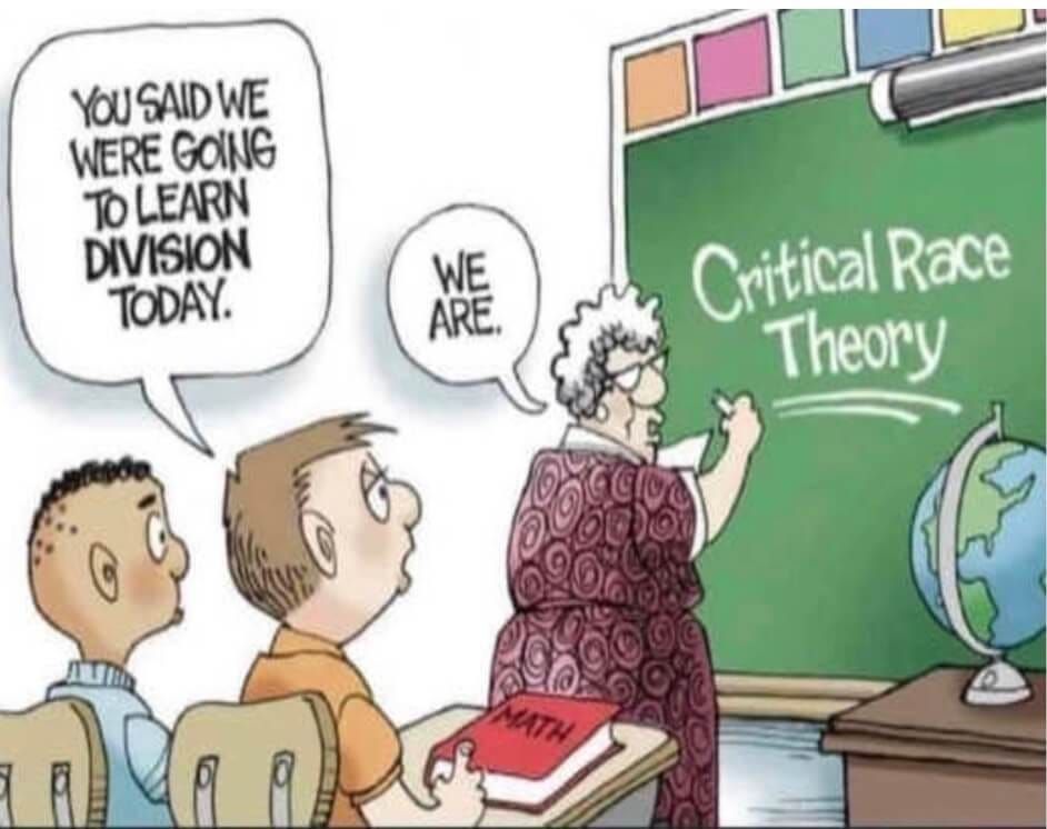 Teacher pointing at “Critical Race Theory” on a chalkboard while two students react in class.