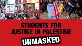Students holding pro-Palestine signs and flags above bold red text: “STUDENTS FOR JUSTICE IN PALESTINE UNMASKED”
