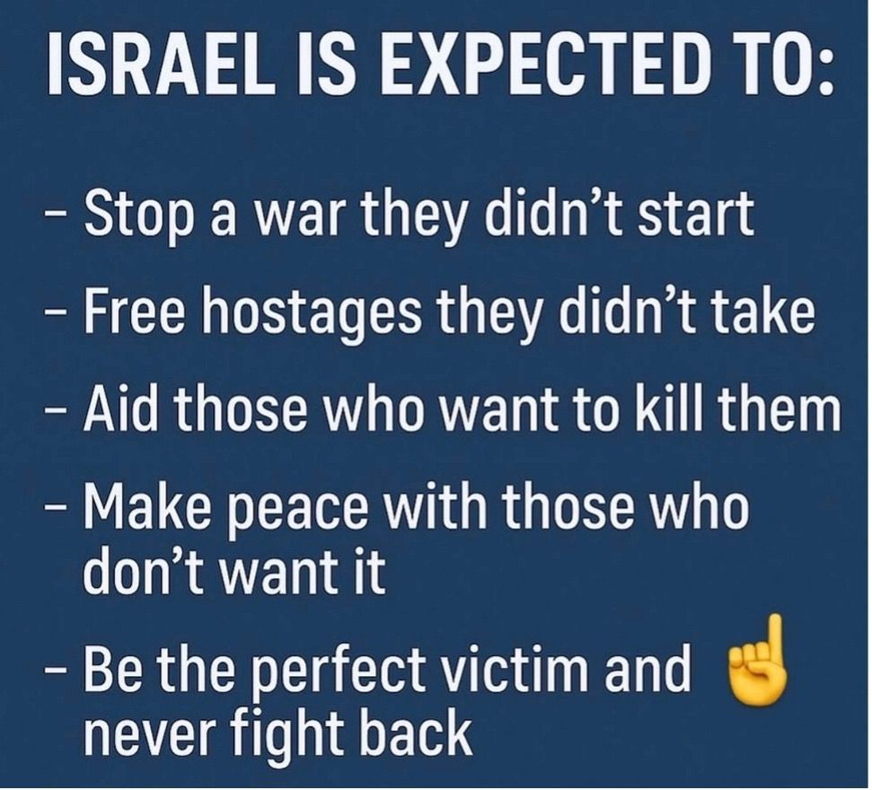 Blue political graphic with white text about Israel’s expected actions, ending with a yellow hand emoji.