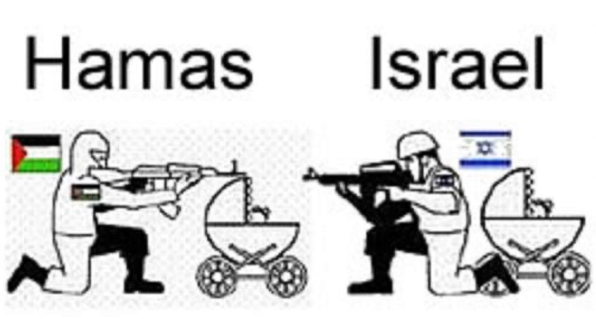 Political cartoon comparing Hamas and Israel as similar armed figures pushing baby strollers with flags behind them.