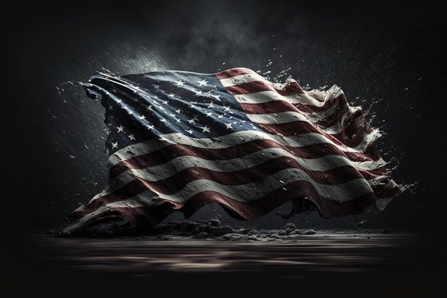 Waving American flag on a dark background, lit dramatically with red, white, and blue stripes