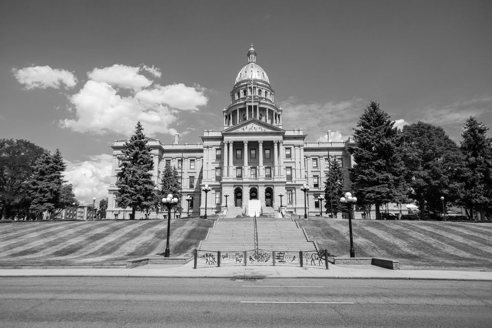 Black-and-white photo of a domed capitol building with steps, columns, and trees in front