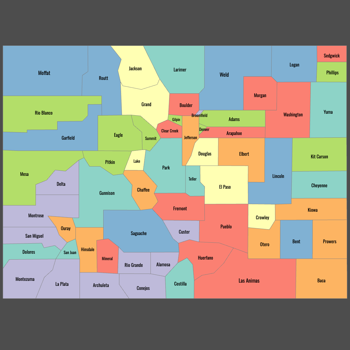 Colorful labeled rectangular map of a state or region with many county-like sections