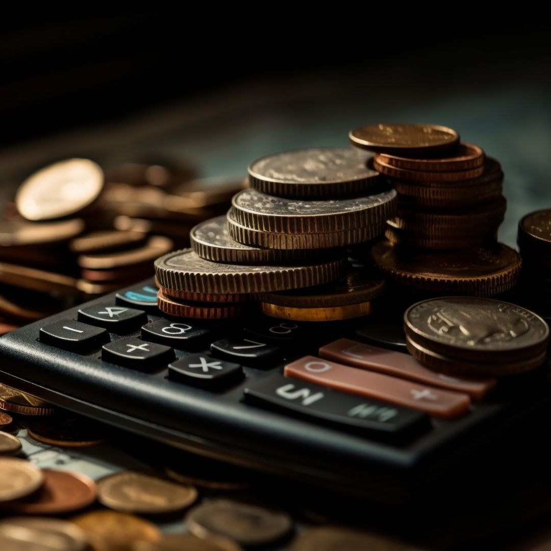 Coins and a calculator.