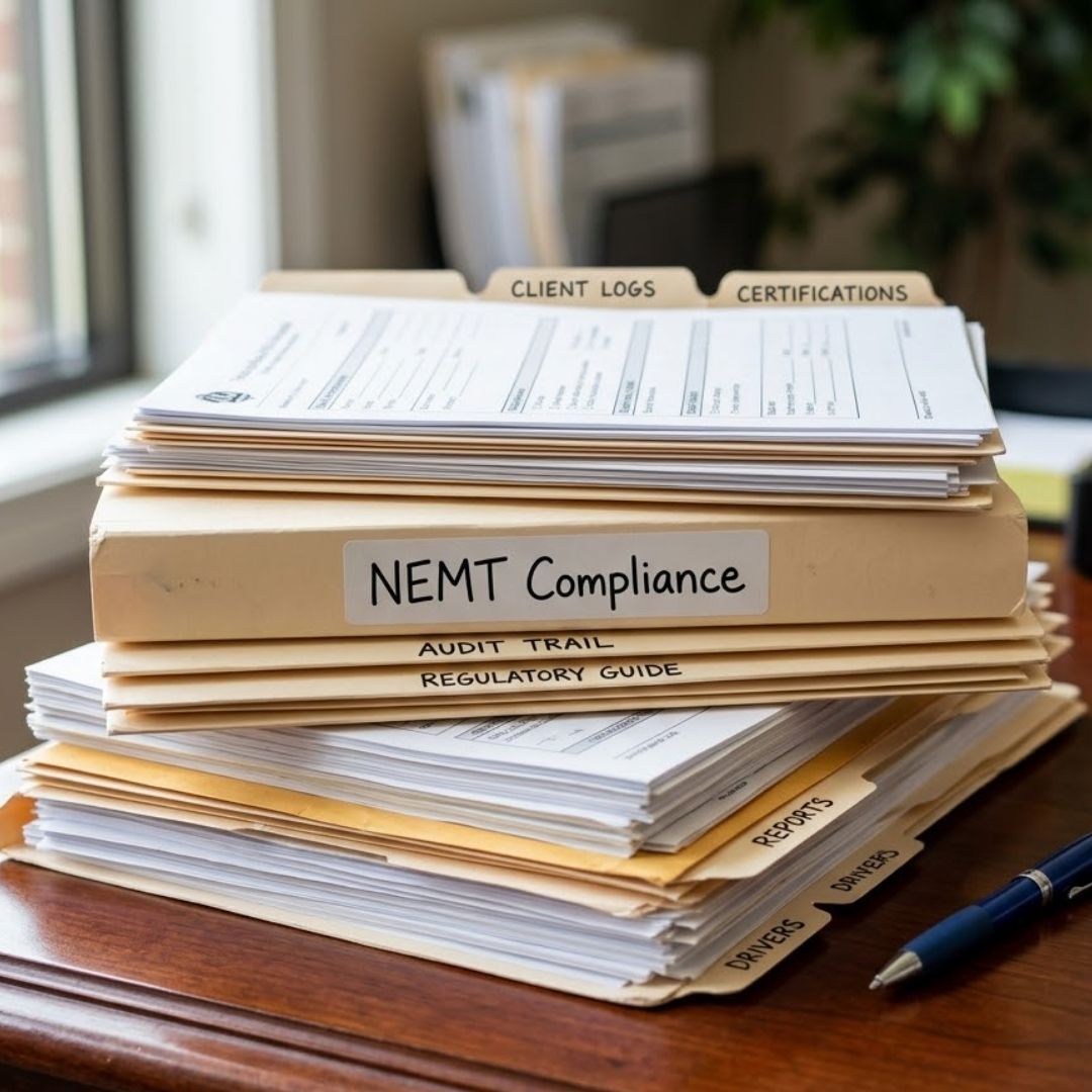 Close-up of neatly organized stacks of official government documents and a folder labeled 'NEMT Compliance' with a pen, sitting on a polished wooden desk