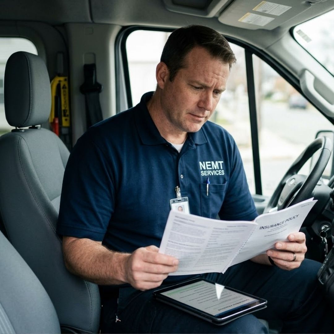 A concerned non-emergency medical transport driver in uniform looking over a generic commercial vehicle insurance policy