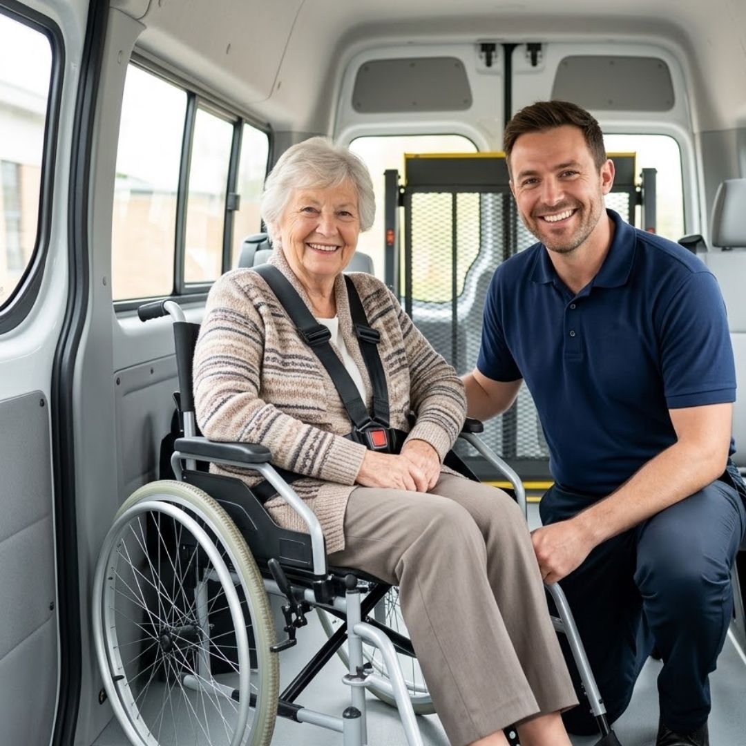 A professional transportation driver and a patient in a wheelchair smiling inside of an accessible NEMT van.