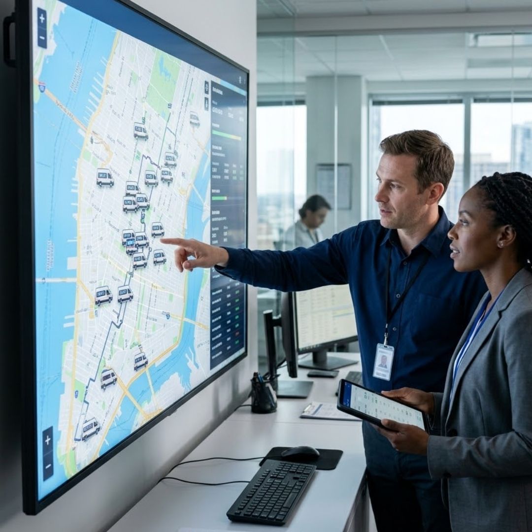 High-quality photo, two NEMT fleet managers reviewing a digital map on a large screen showing van locations, demonstrating efficiency and proactive risk management, modern office setting.