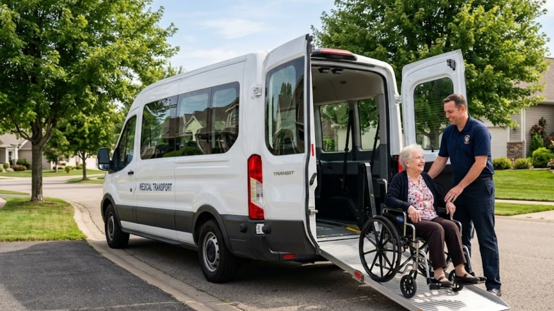 White medical transport van equipped with a wheelchair ramp, parked in a suburban environment