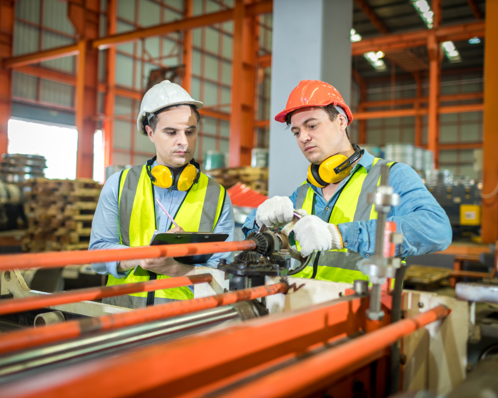 Two men are working on a machine in a factory and looking at a tablet.