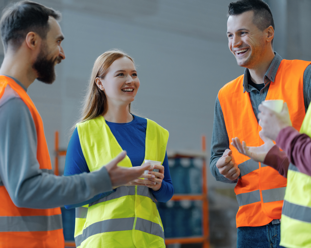 A group of construction workers are standing in a warehouse talking to each other.