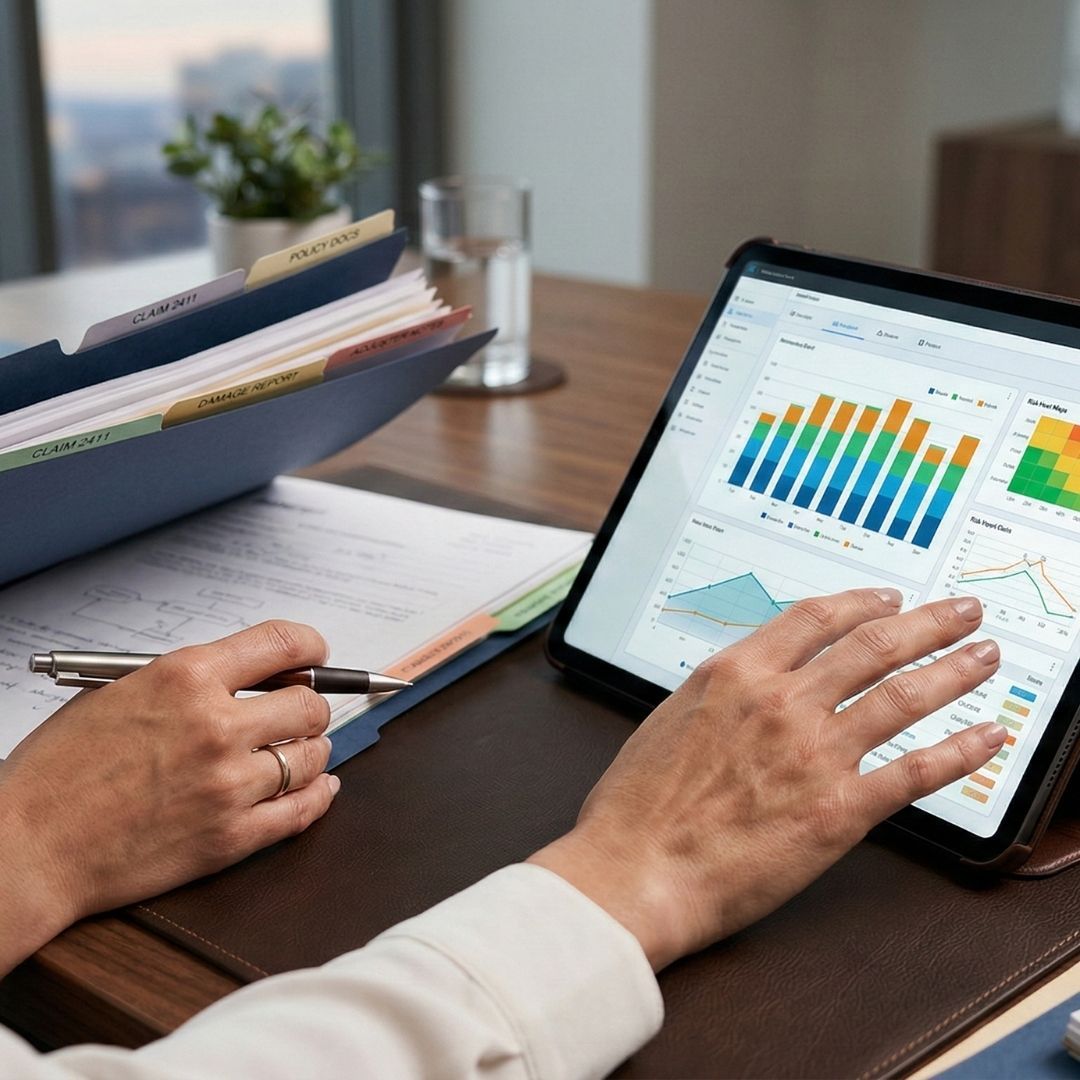 Professional reviewing documents for claims management and risk analysis.
