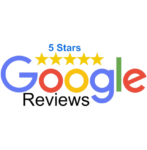 Google Reviews logo with five gold stars above colorful Google text