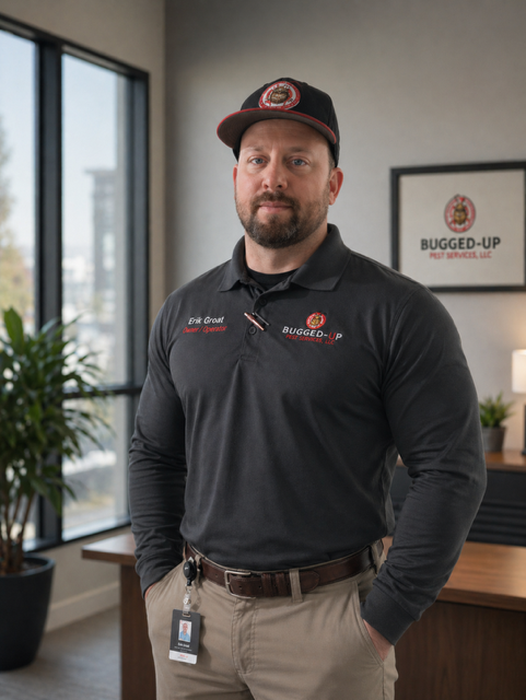 Man in black branded polo and cap standing in an office, with a sign on the wall behind him.