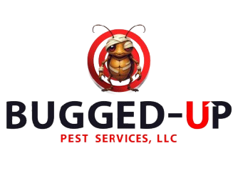 Bugged-Up Pest Services logo with a cartoon bug inside a red target symbol