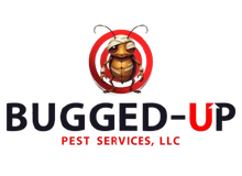 Bugged-Up Pest Services logo with a cartoon bug inside a red target symbol