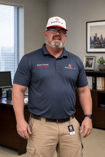 Man in navy polo and tan shorts standing in an office with a window, desk, and framed wall art.
