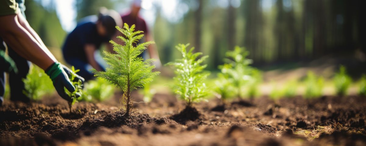 Hands planting a young sapling in sunlit soil with a blurred garden background