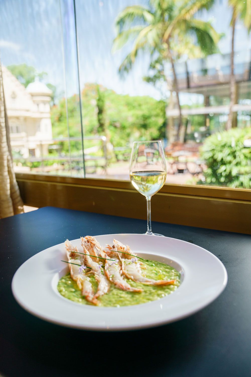 Prato de lagostins sobre risoto verde, com vinho branco, perto de uma janela com vista para a vegetação.