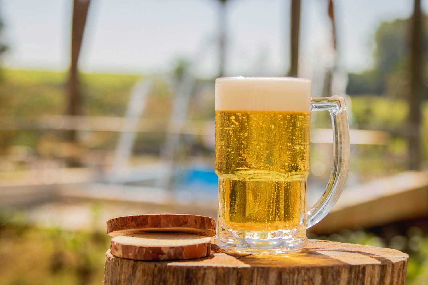 Uma caneca de cerveja transparente com espuma, ao lado de porta-copos de madeira, fica em um toco de árvore ao ar livre.
