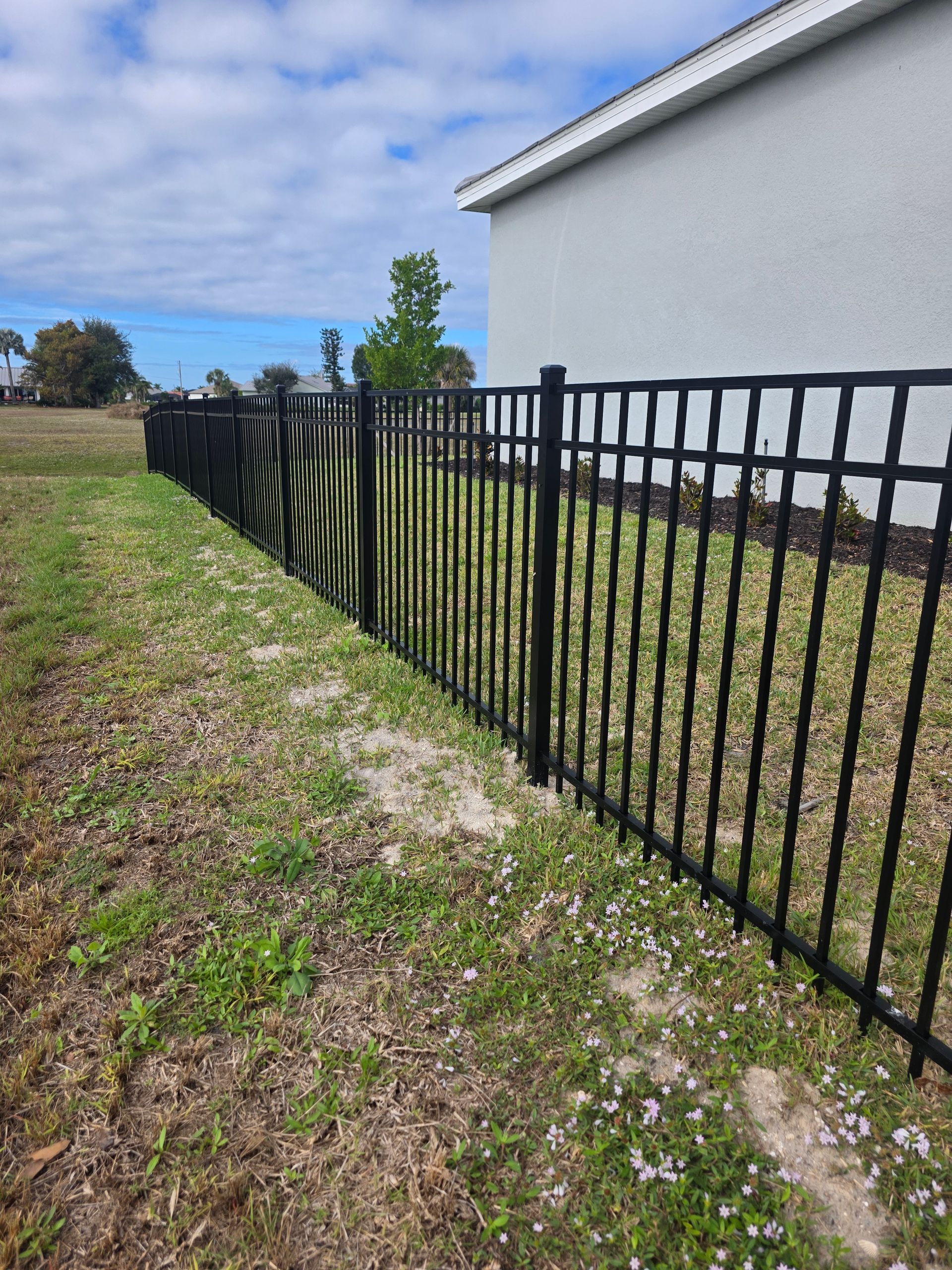 Black metal fence bordering a grassy yard next to a gray house, under a cloudy sky.