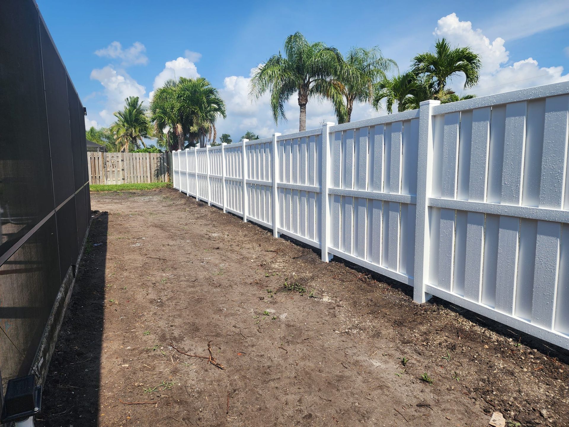 A white fence surrounds a dirt field with palm trees in the background.