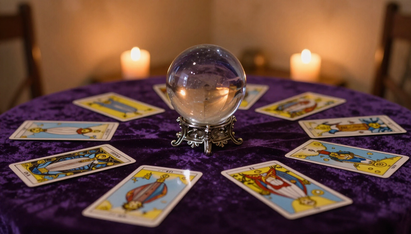 A crystal ball and tarot cards on a mystical table setting.