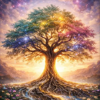Glowing rainbow tree with sprawling roots in a magical, starry landscape