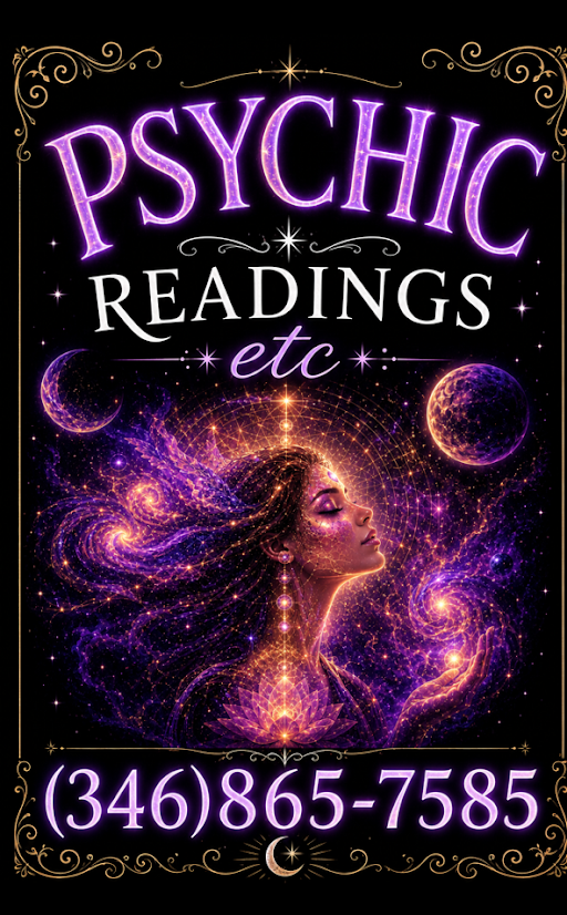 Psychic readings ad with glowing purple woman, stars, and phone number (346)865-7585