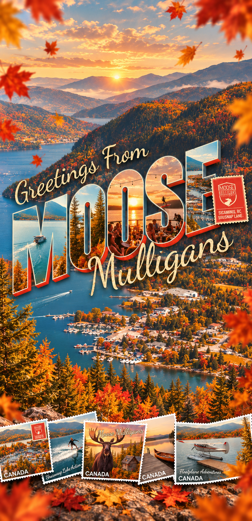 Advertisement for Moose Mulligan's bar, with postcard-style letters. Scenic background with a moose logo and pictures.