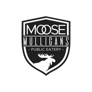 Black and white Moose Mulligans logo: shield, moose silhouette, text 