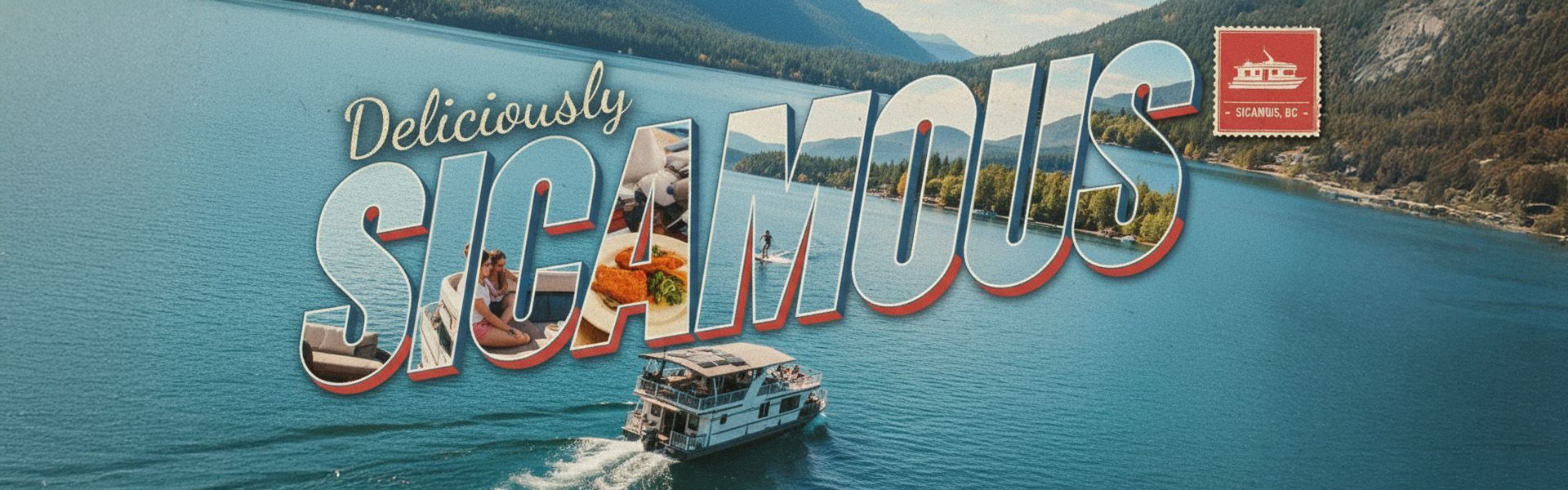 A boat steaming on a lake with the text 