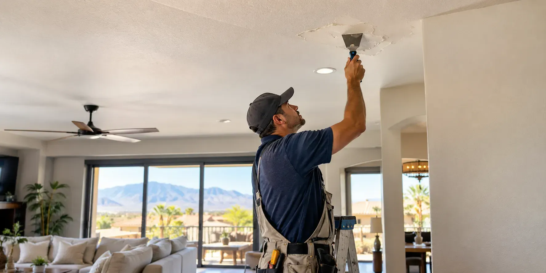 A Las Vegas homeowner repairs a damaged interior ceiling in a modern living room using a putty knife and ladder.