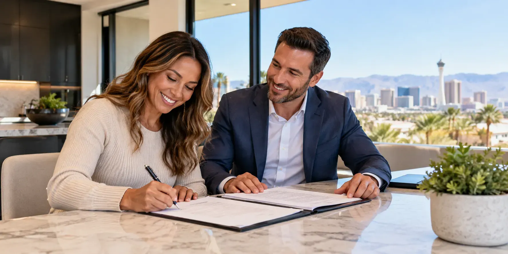 Happy Las Vegas homeowner signing closing documents for a quick cash home sale with a real estate professional in a modern home.