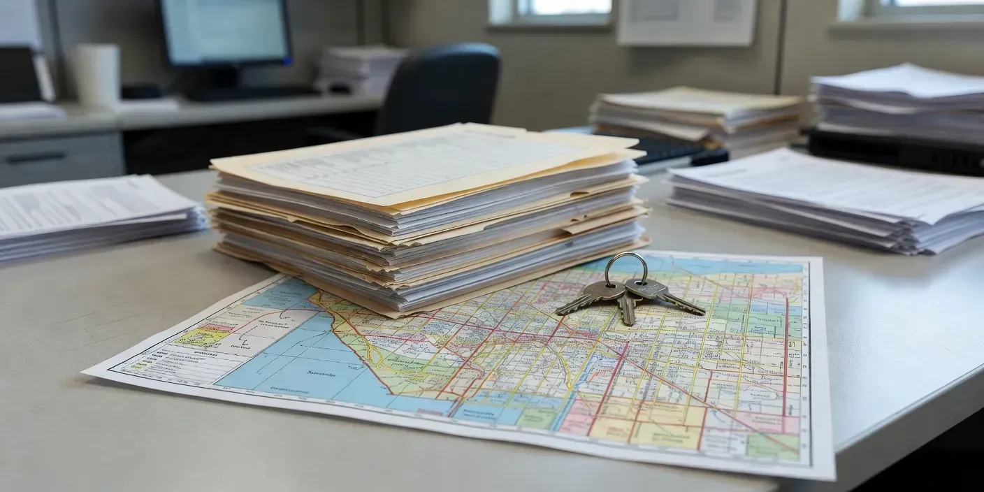 Clark County title desk with probate file folders, house keys, and a street map of Las Vegas neighborhoods under fluorescent office light