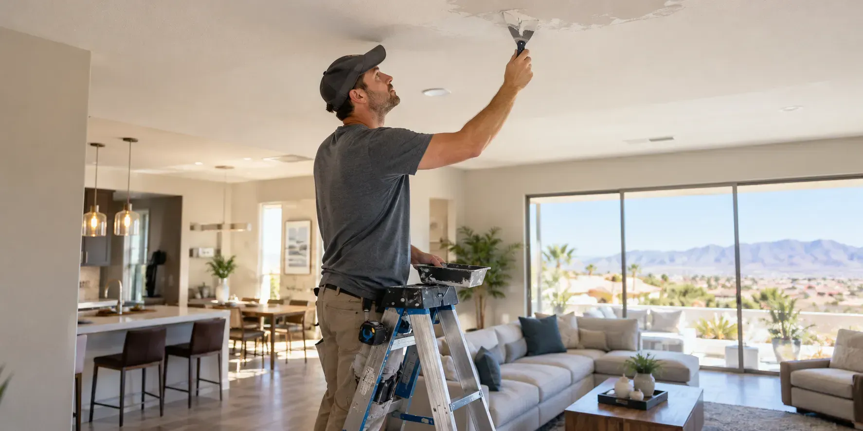 Photorealistic handyman repairing a residential ceiling inside a Las Vegas home.