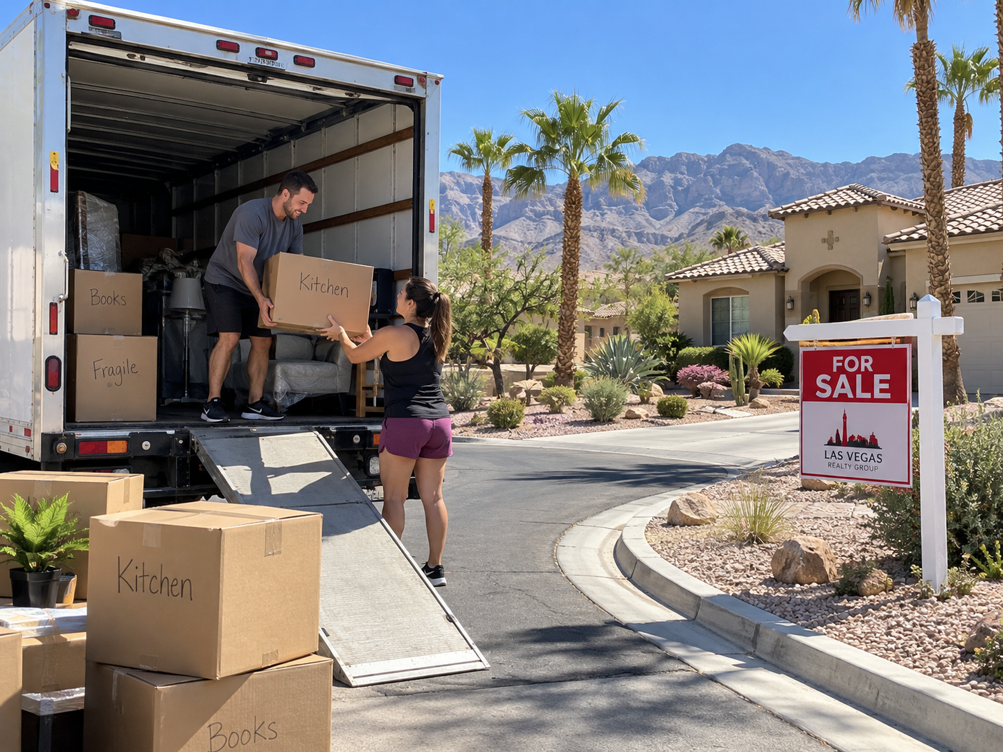 People unloading boxes from a moving truck into a suburban home driveway with a for-sale sign nearby