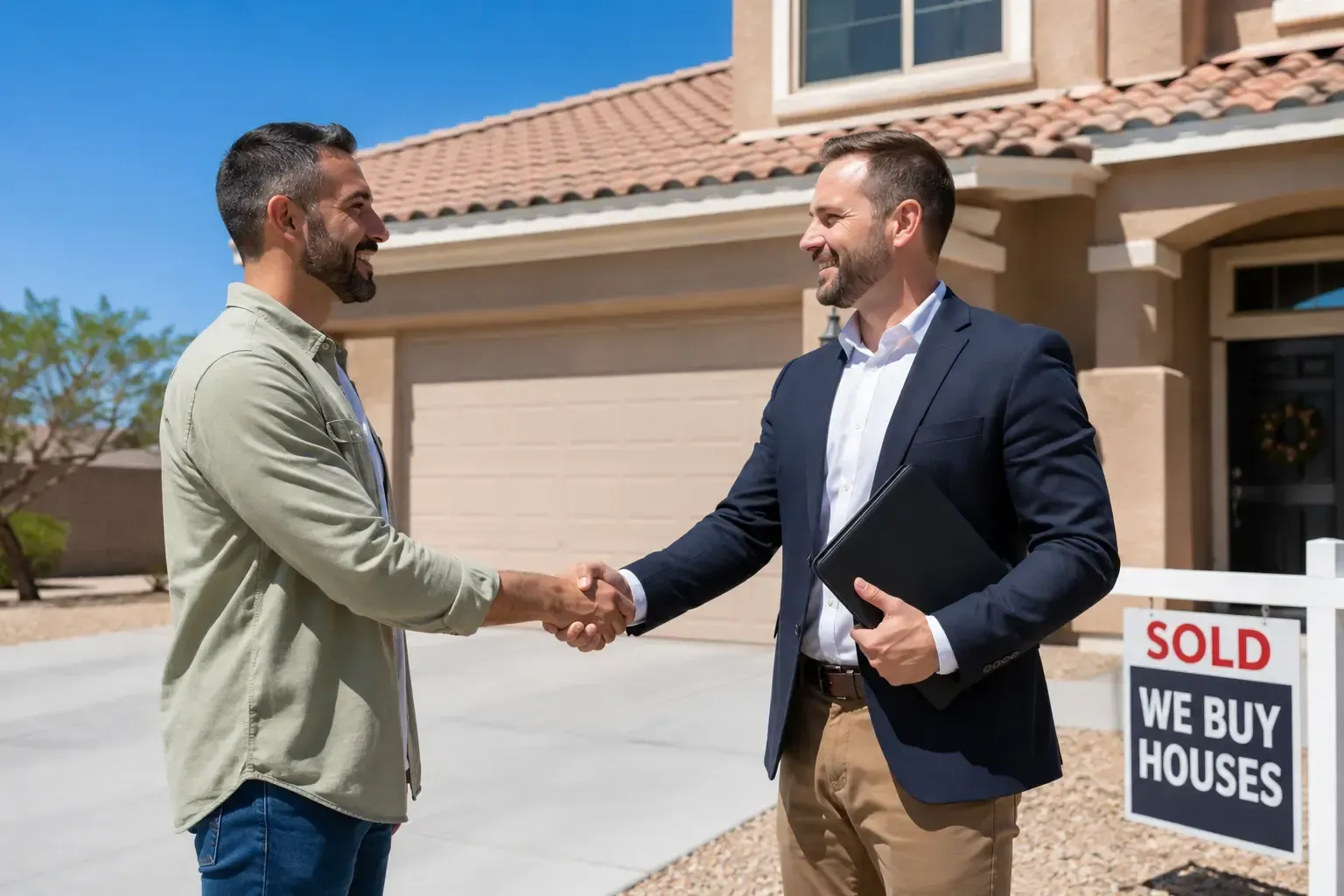 Two men shaking hands in front of a house with a “We Buy Houses” sign and sold notice.