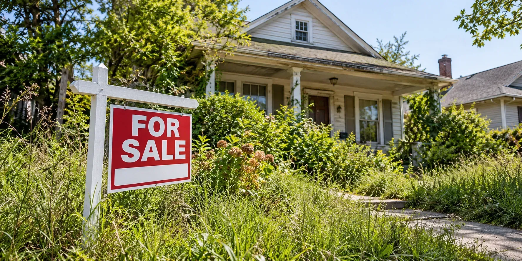 For Sale sign in front of an older home with an overgrown lawn and landscaping.